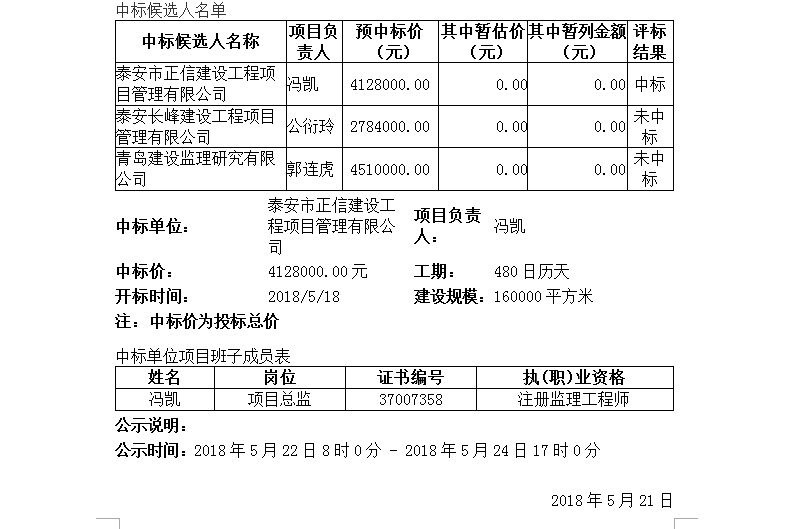 山东泰安爱琴海购物公园项目监理中标公示
