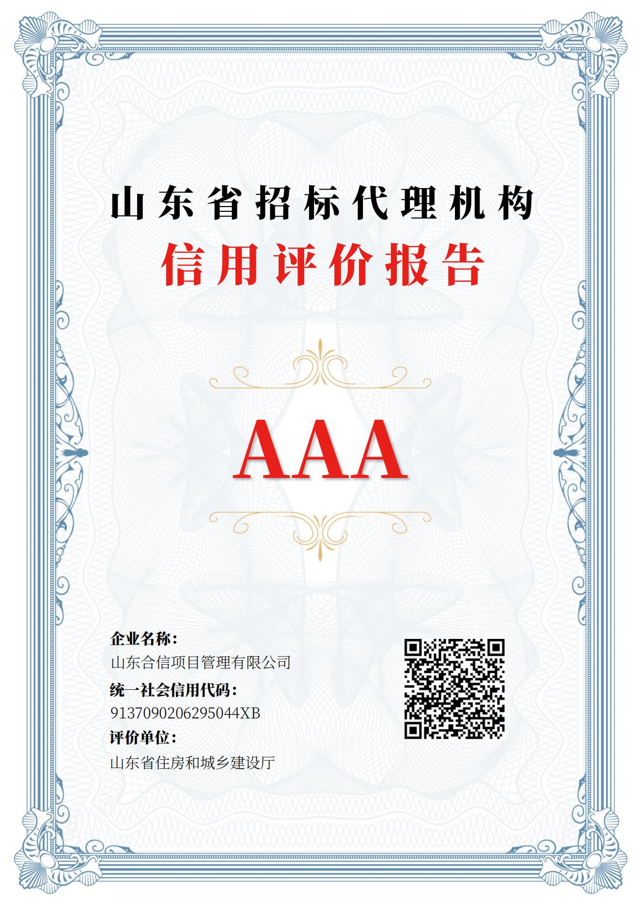山东省招标代理机构信用评价AAA级